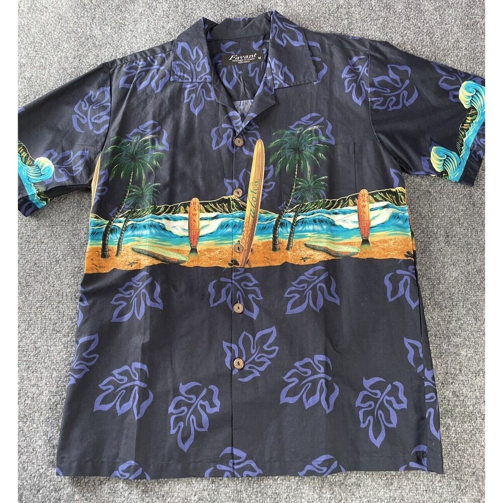 Favant Men's Medium Hawaiian Shirt Black Blue Palm Trees Surfboard Cotton